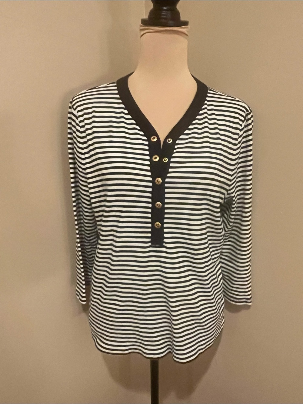 Black Label Lauren Ralph Lauren Black & White Striped Henley Long Sleeve Top, XL